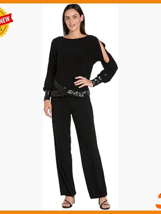 Tops - Long Sleeve Blouse with Sequin Trim & Rhinestone Buttons, Split Sleeve Design